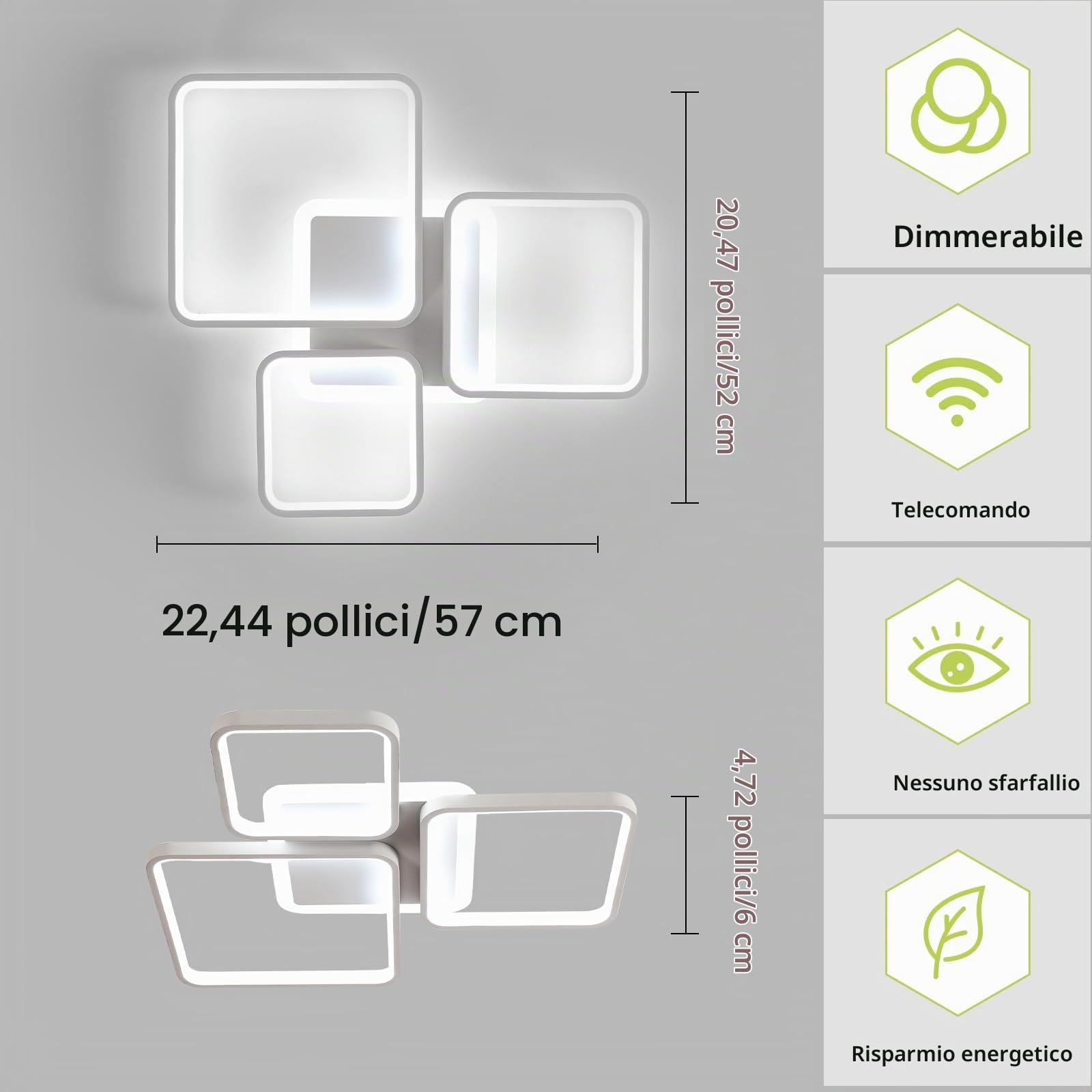 Plafoniera LED Soffitto Dimmerabile, 45W Lampadario LED Soffitto con Telecomando Funzione di Memoria 3000K-6500K 57cm, Moderna Plafoniera Quadrata per Camera da Letto Corridoio Cucina, Bianco