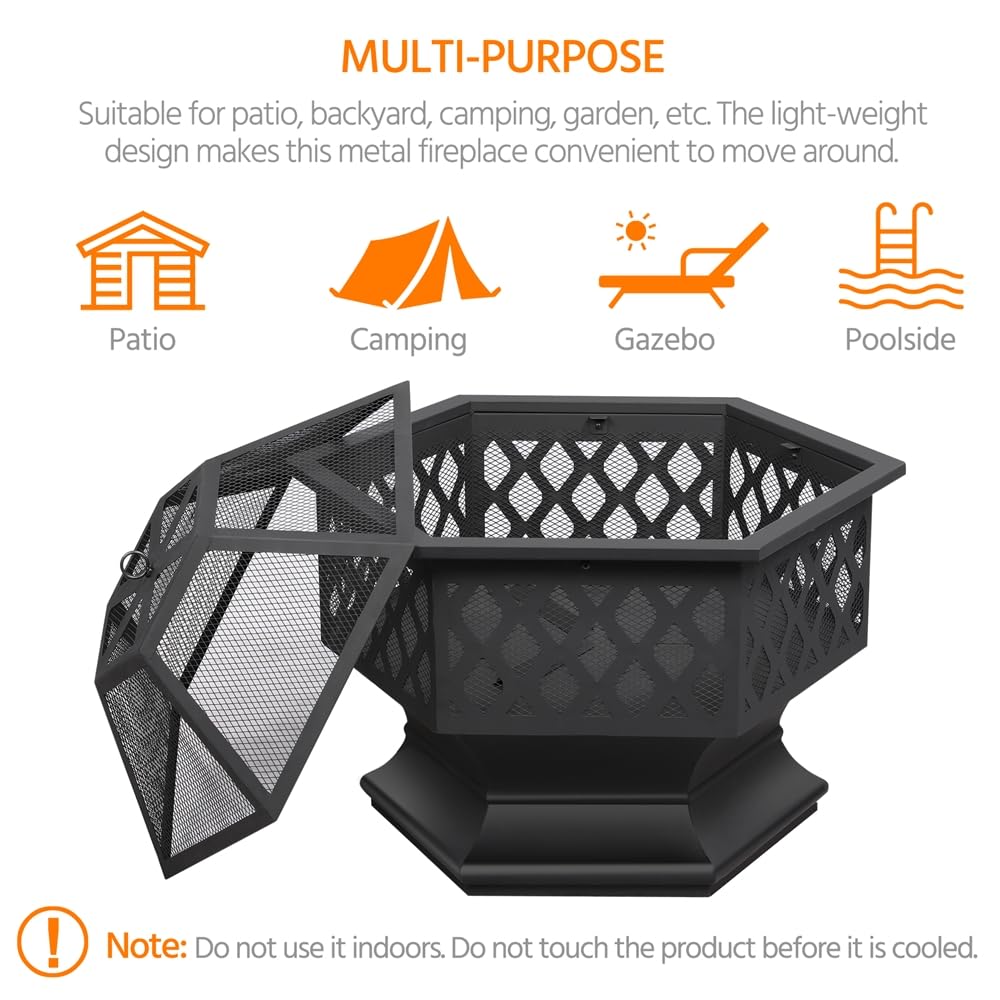Yaheetech Brasero Exterior Leña Brasero Jardin Hexagonal Estufas para Terrazas Chimenea Portátil Grande 61x61x62cm Negro