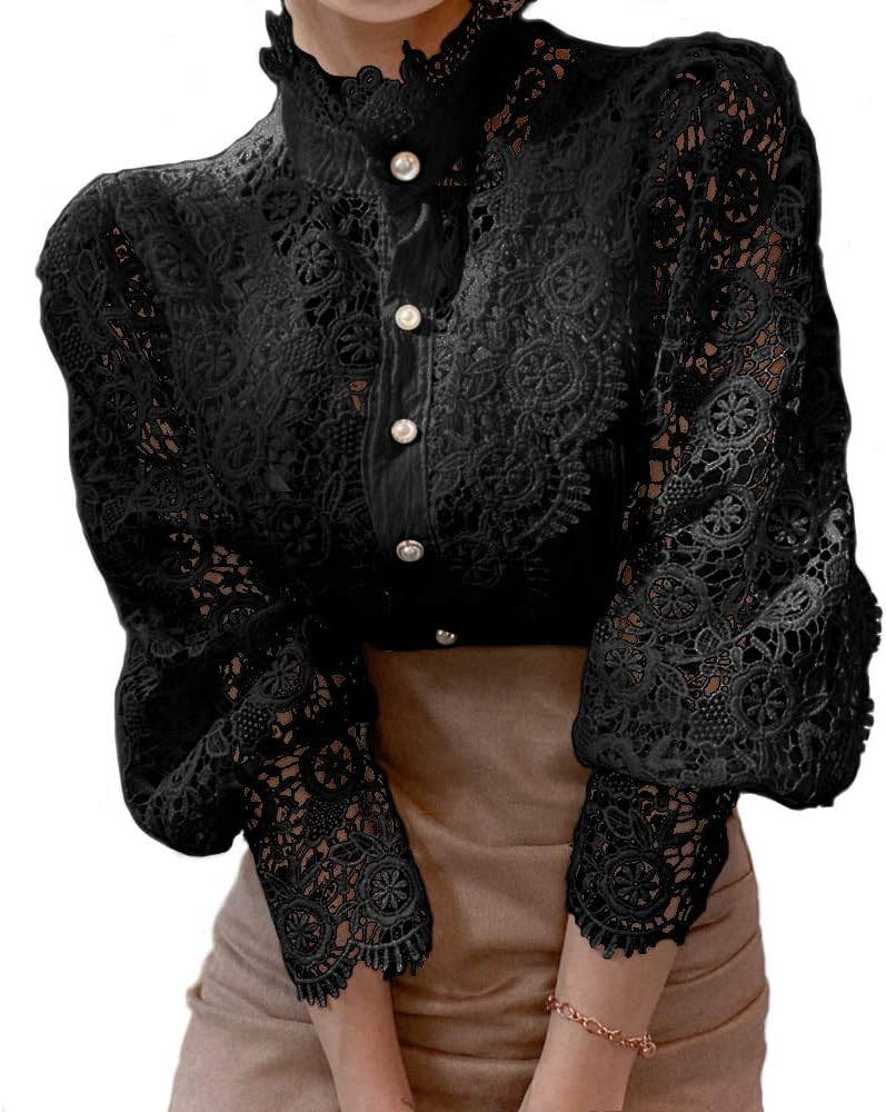Women’s Elegant Lace Trim Shirts Casual Victorian Blouse Long Sleeve Button Down Tops