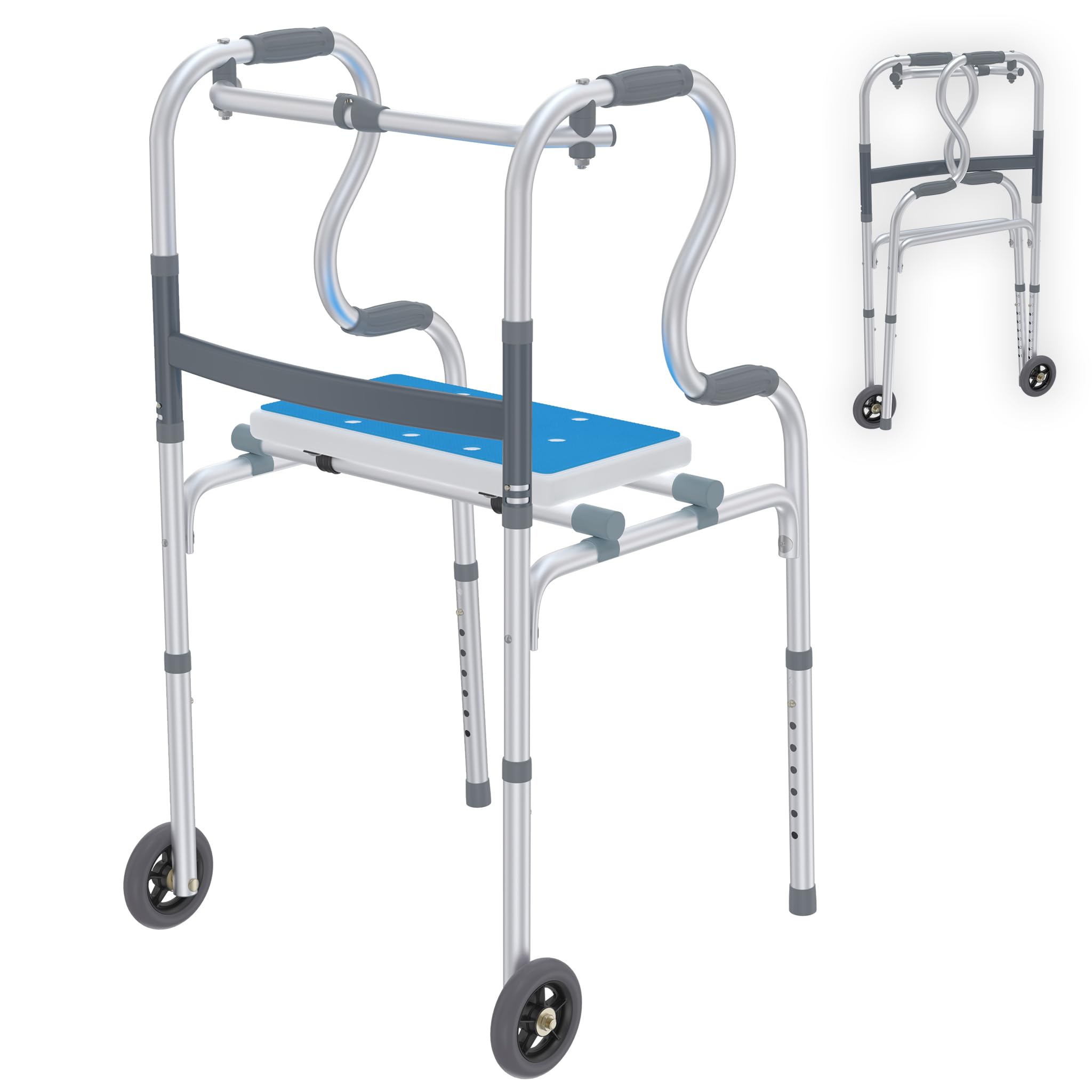 YRHome Pomoc w chodzeniu dla seniorów z 2 kółkami skrętnymi, składany, dla dorosłych, stabilny, 8-biegowa regulacja wysokości, pomoc w chodzeniu z aluminium, do 180 kg, stelaż ze zdejmowanym