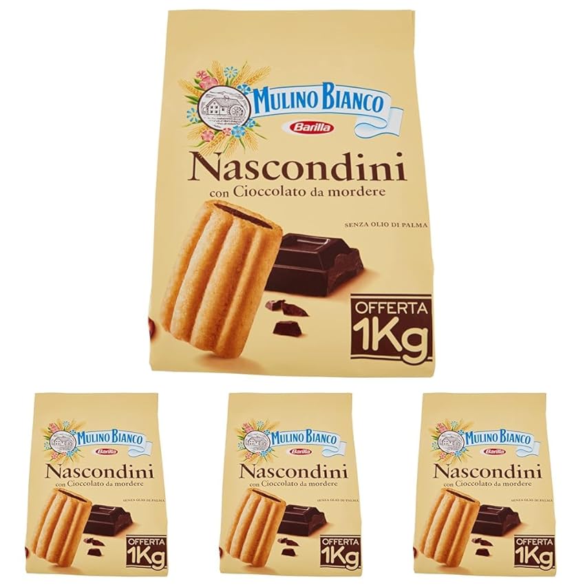 Mulino Bianco Biscotti Frollini Nascondini con Cioccolato da Mordere, Senza Olio di Palma, Colazione Ricca di Gusto, 1 Kg (Confezione da 4)
