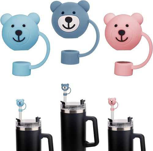 3 fundas de popote de oso para Stanley Cup de 40 onzas, cubierta protectora de popote suave de dibujos animados, tapas de popote de silicona para
