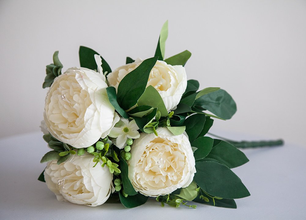 Artificial Silk Peony Flower Bouquet (NO.3) -7 Colours Wedding Centrepiece Decor (Ivory)