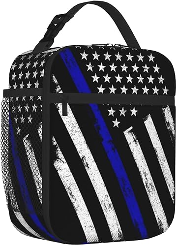 Miniatura 2 de SWEET TANG Americana delgada línea azul bandera policial patrón negro caja de almuerzo reutilizable aislado bolsa contenedores