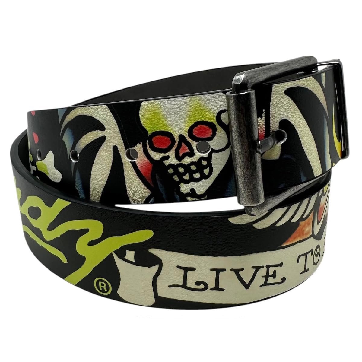 ED HARDY Men's Tattoo Print Graphic Twist Reversible Belt, Live to Ride-black/Gray, 32