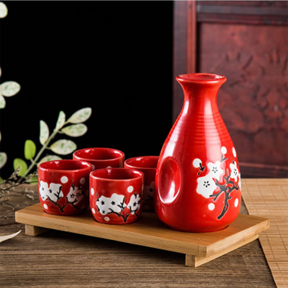 CoreLife Sake Set, Traditional 5-Piece Porcelain Ceramic wide Japanese Sake Sets with 12oz Bottle and 4 2oz Sake Cups - Red Cherry Blossom