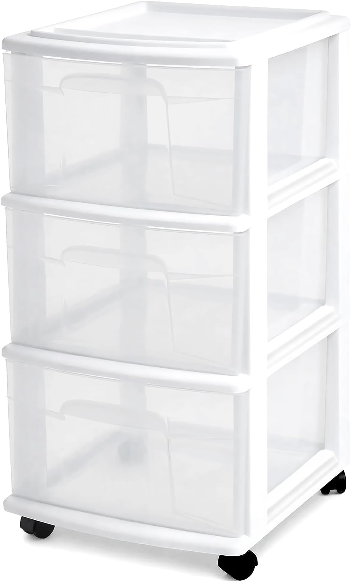 HOMZ Drawer Tower, 3-Tier Rolling Storage Cart with Removable Wheels, White Frame – Plastic Organizer with Clear Bin Drawers for Bedroom, Bathroom, Home Office, and Dorm Room