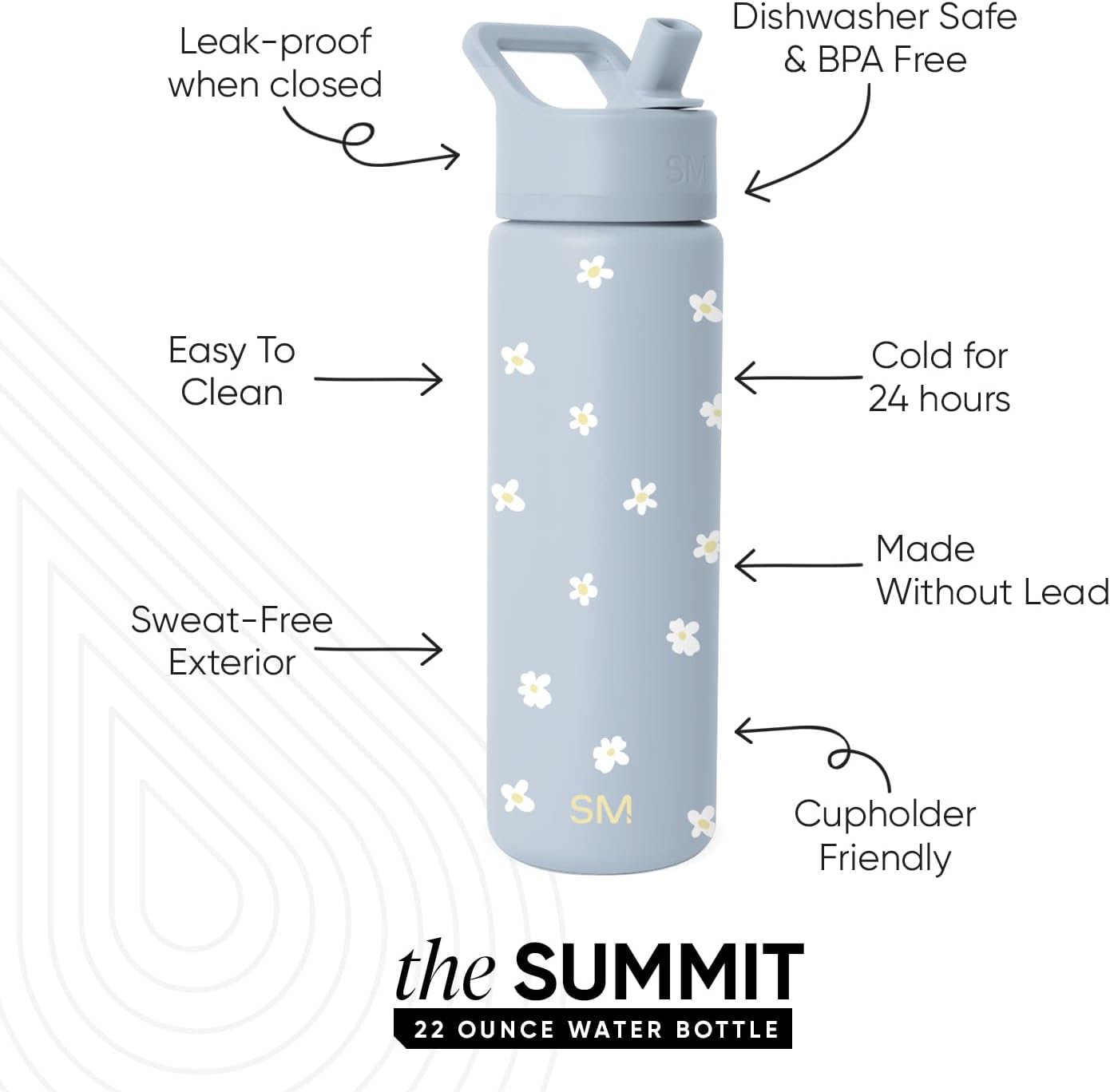 Simple Modern Water Bottle with Straw Lid | Vacuum Insulated Stainless Steel Metal | Reusable Leak Proof BPA-Free Cup for School | Summit Collection | 22oz, Sweet Daisy on Blue - Image 2