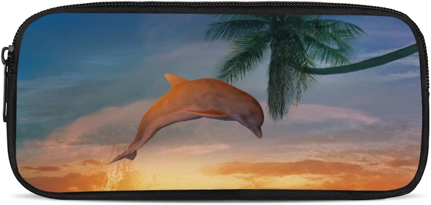 COEQINE Pencil Case Holder for Kids School Office Desk Organizer Capacity Office Pen Stationery Pouch Storage Bag Print Dolphin Sunset