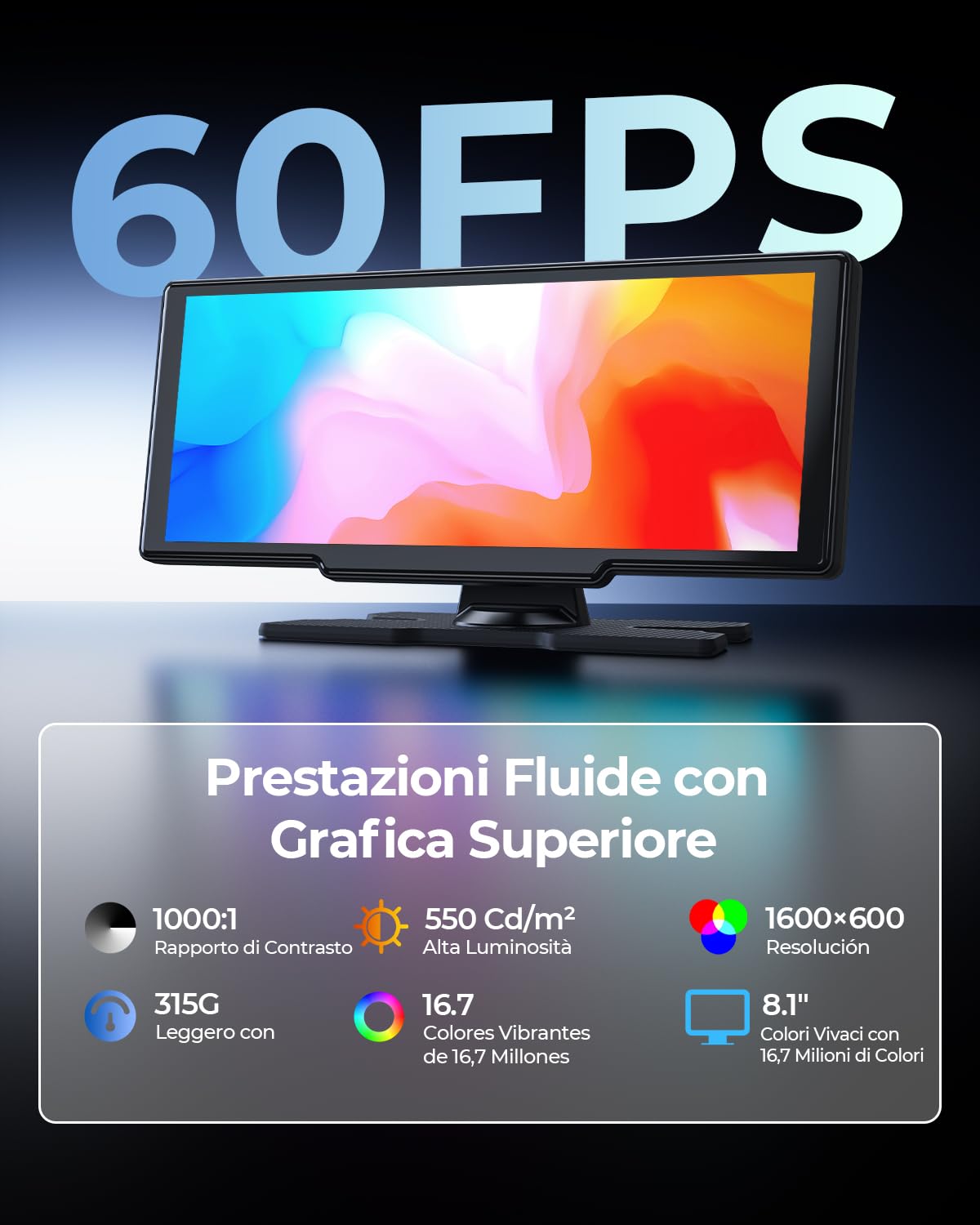 Schermo Portatile Wireless da 8，1" Car Play per Apple CarPlay & Android Auto, Aggiornamenti OTA, Telecamera di Retromarcia, Mirror Link, Bluetooth 5.0, Controllo Vocale, Navigazione GPS, FM