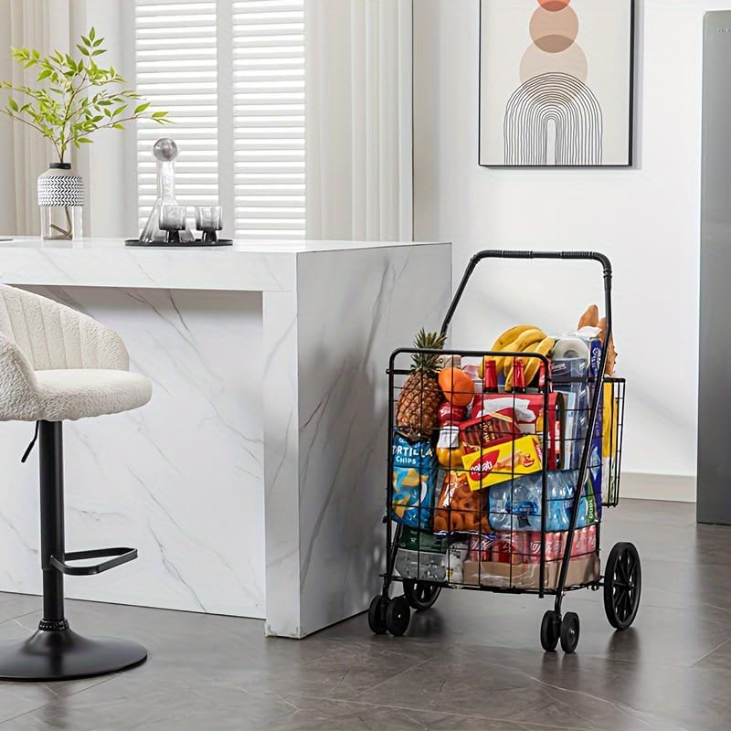 Miniatura 3 de Carrito de compras plegable, carrito de compras plegable con cesta doble y ruedas de 360 grados, capacidad de 150 libras, carrito utilitario para