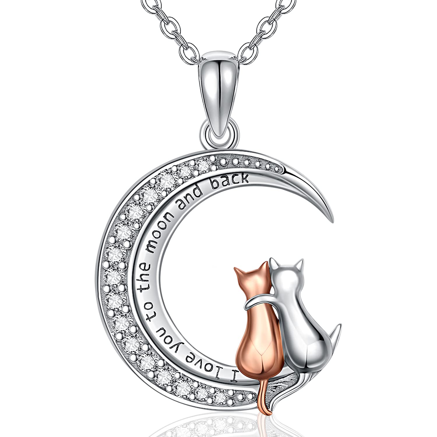 Odinstone Cat Necklace, S925 Sterling Silver Cat on Moon Pendant with Cubic Zirconia, Cat Jewelry Mothers Day Gifts for Mum with Gift Package - I Love