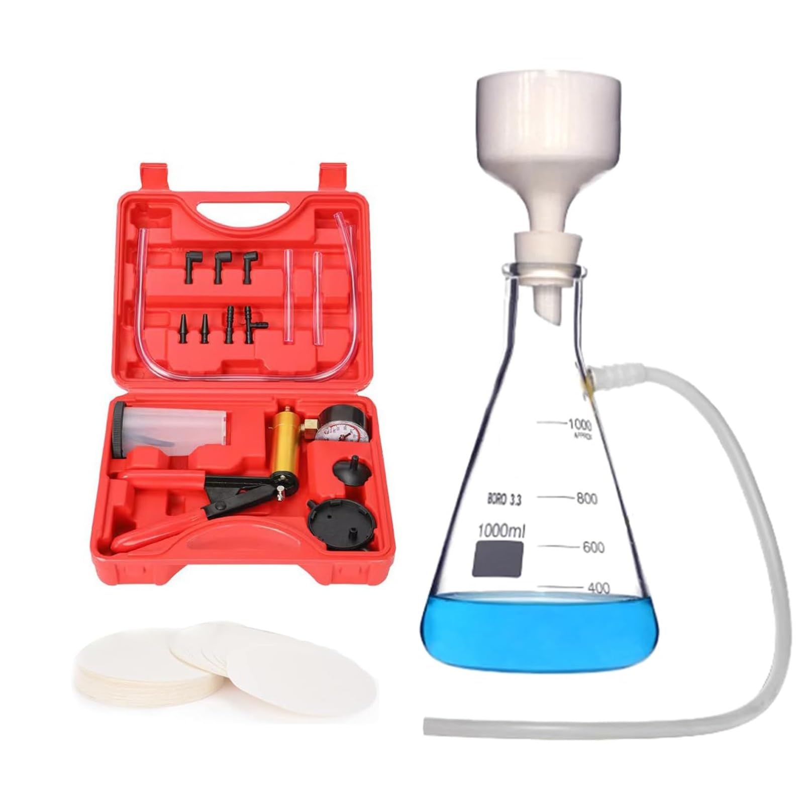 Kit completo de filtración al vacío: botella filtrante, embudo Büchner de porcelana y bomba metálica for investigación y educación.(1000ML)