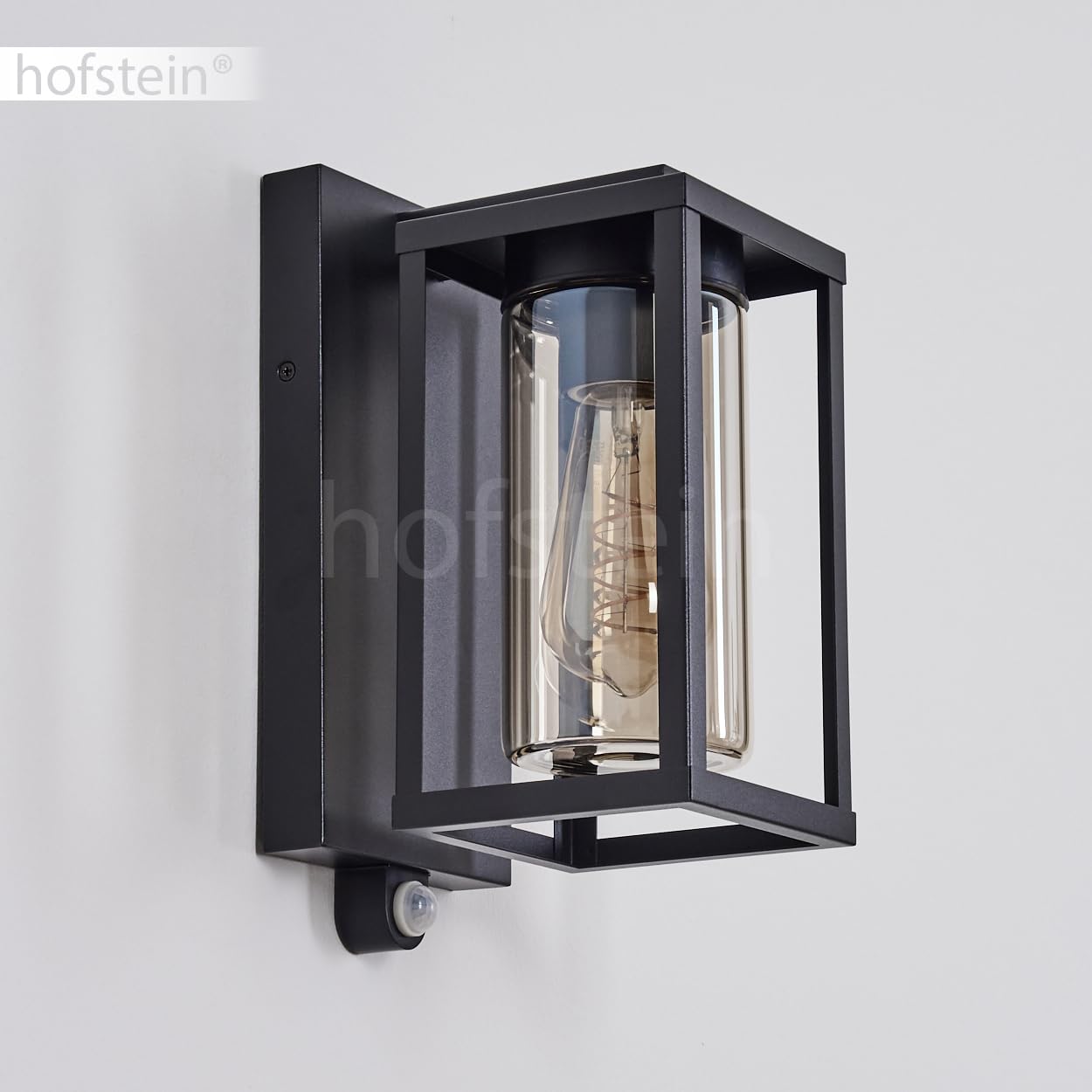 HOFSTEIN Außenwandleuchte Portalis, Außenwandlampe m. Bewegungsmelder aus Metall/Glas in Schwarz/Rauchfarben, Wechselglas Klar, Wandleuchte im Industrial-Stil, E27, IP44, Eingangsbereich, Haustür