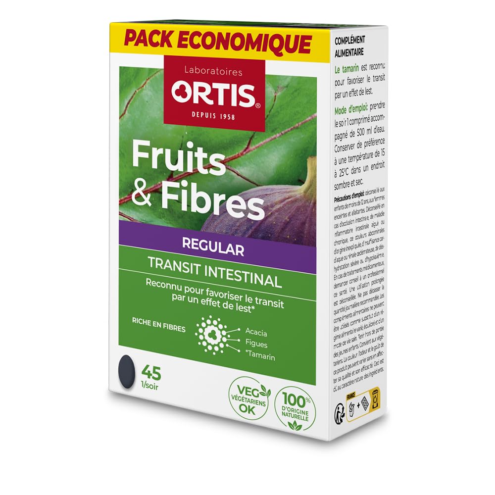 Ortis - Fruits & Fibres Regular Economy Pack 45 Tablets - Food Supplement to Promote Intestinal Transit - Regular Intestinal Sloth - 100% Natural Rhubarb Based