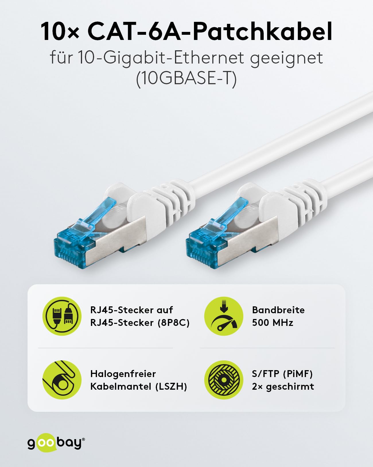 goobay 66052 CAT 6A Network Cable in Set of 10/Patch Cable Shielded S/FTP/CU Ethernet Cable, PiMF - Image 2