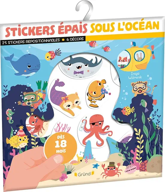 Stickers repositionnables épais Sous l'océan - Pochette de 25 autocollants avec 4 décors - Dès 18 mois