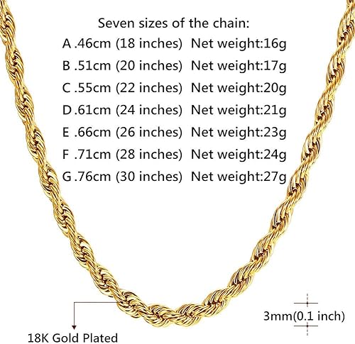 Miniatura 5 de U7 Figaro Chain, Twisted Rope Chain, Men Stainless Steel Necklace,3mm,5mm,6mm,9mm 18K Gold Plated Chains Necklaces for Boys & Women 16"-30"