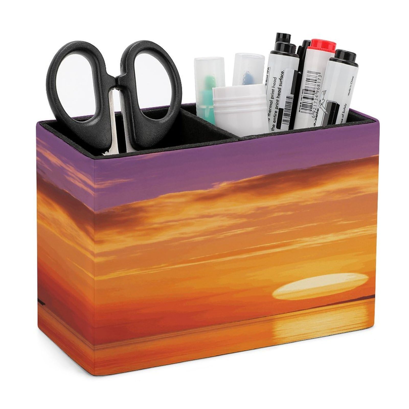 LZQPOEAS Boat Returning Under Coconut Trees Pen Holder Double Compartments Pen Cup Makeup Brush Holders Leather Pencil Holder Locker Organizer for Work Locker Accessories Modern Pencil Cup for Desk