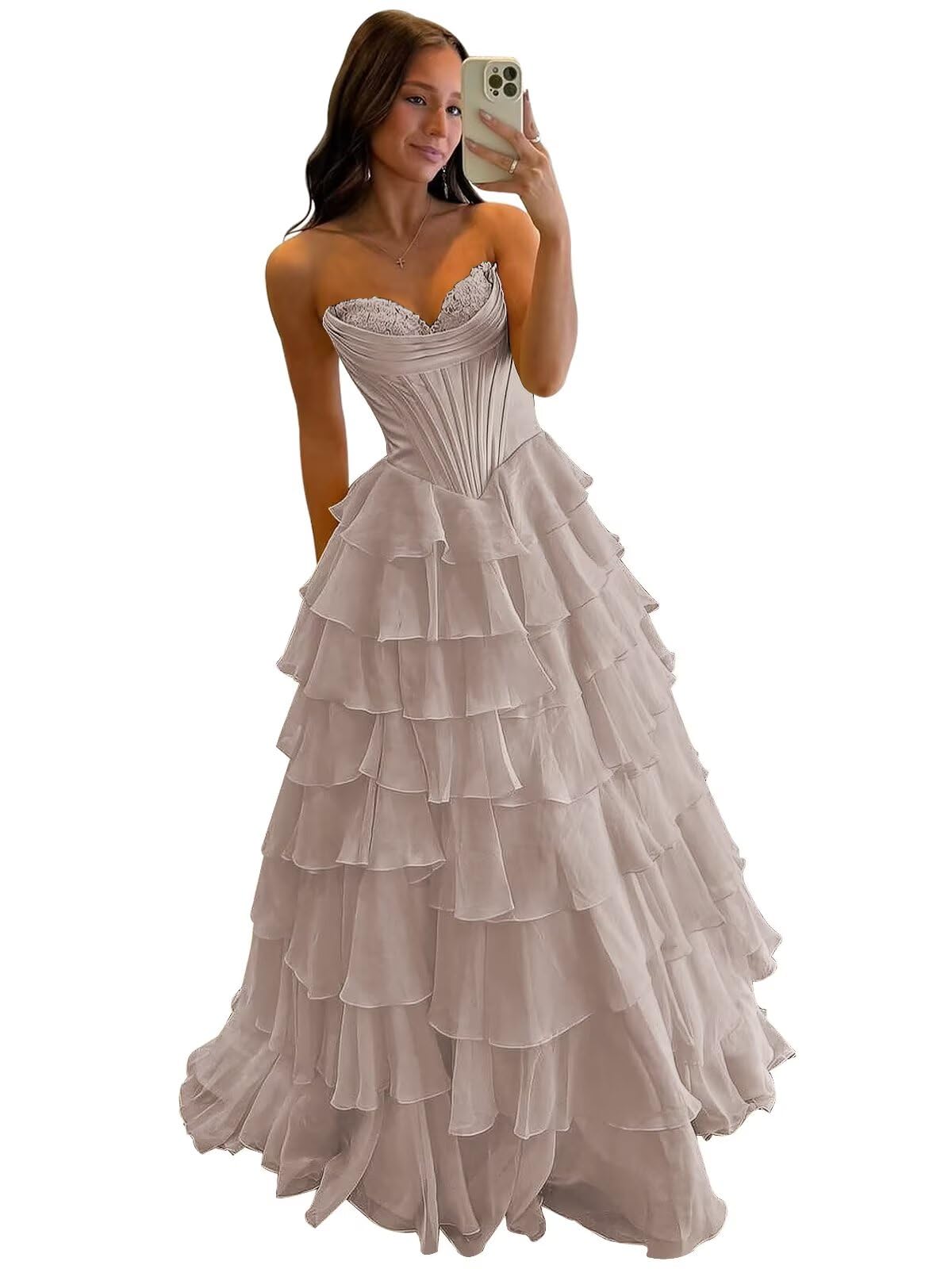 Mollyevers Strapless Corset Prom Dresses for Women Long Tiered Ruffle Chiffon Formal Evening Gowns with Slit