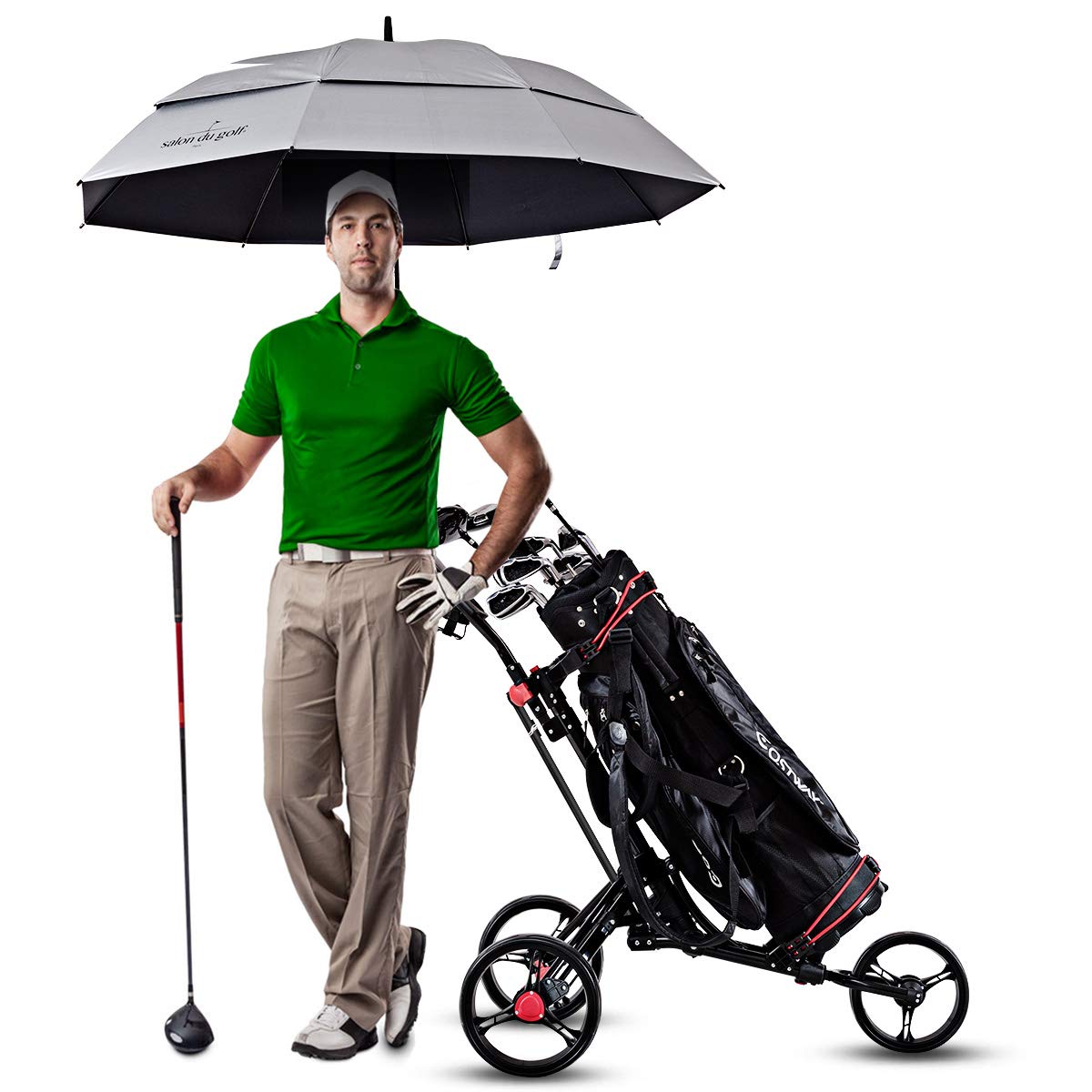 DREAMADE Golftrolley Golfwagen klappbar, Golfcart aus Aluminium mit schnellem Klappmechanismus, 3-Rad-Gofwagen mit Bremse Anzeigetafel Regenschirmhalter Basis, Schwarz