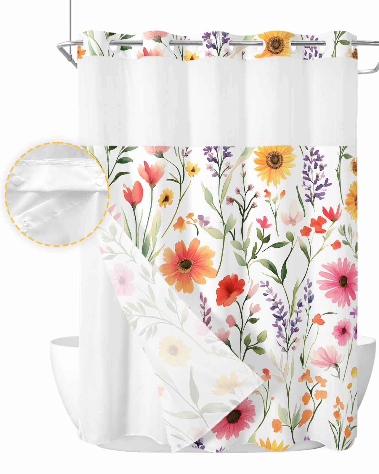 PANJINEXT Shower Curtain with Snap-in Liner, No Hooks, Floral Spring Wildflower Farmhouse Style Design, See-Through Top Window, Bathroom Spa Hotel