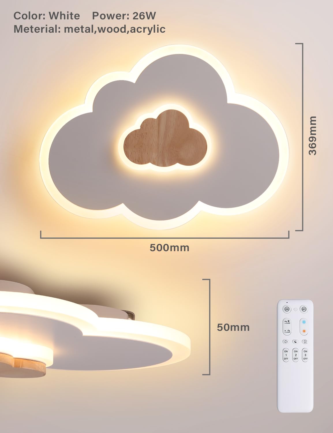 FANLG Plafoniera LED, Lampada da soffitto Cameretta Nuvole dimmerabile con Telecomando, 50CM 26W, 2400Lm, Plafoniera con Elementi in Legno Alla Moda per Camera da Letto e Soggiorno dei Bambini