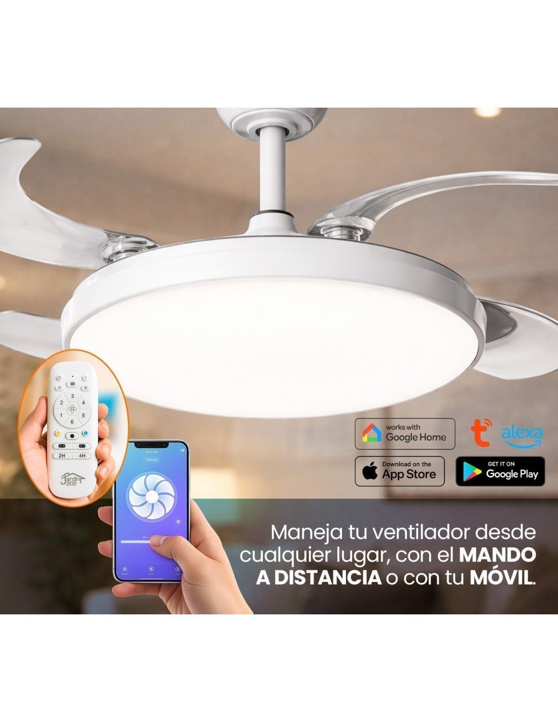 JARDIN202 - Ventilador de Techo Wifi Alexa/Google Home con Aspas Retráctiles, Motor DC, Temporizador, Luz LED Regulable, Mando a Distancia | 50 cm (Zahara Wifi Blanco)