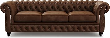 Valencia Parma 92" Leather Chesterfield Sofa, Full Leather Upholstery, 3 Seater with Button-Tufted Back, Solid Wood Feet, Mid-Century Modern Design for Living Room Lipari Chocolate