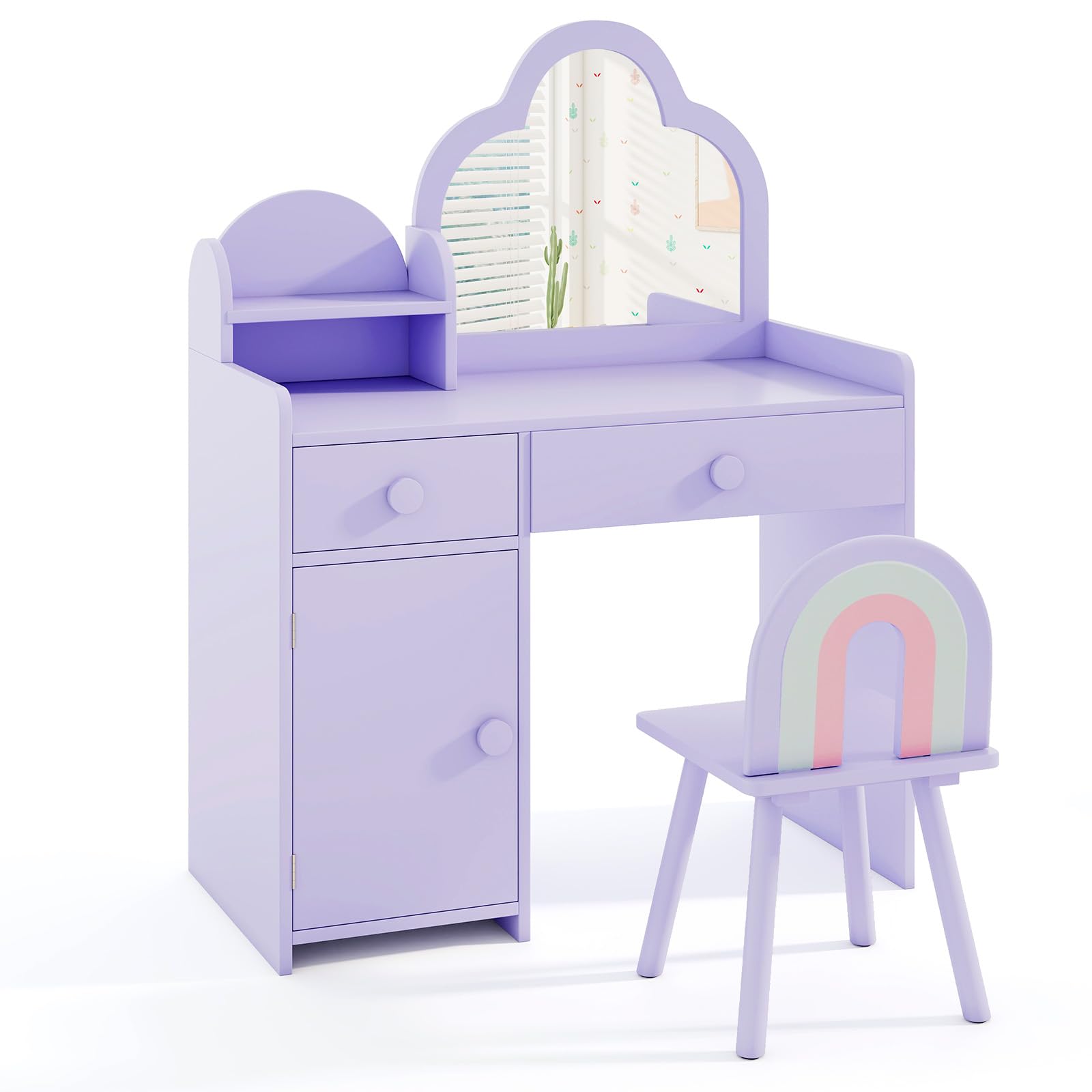 HONEY JOY Kids Vanity, Cloud Shape Wooden Girls Vanity Set with Mirror and Stool, Drawers, Storage Cabinet, Toddler Makeup Desk Dressing Table, Pretend Play Kids Vanity Table and Chair Set (Purple)