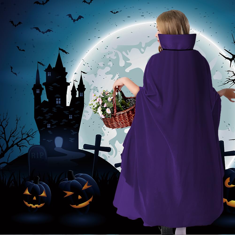 AOOWU Mantello Vampiro Bambini, Mantello Reversibile Mantello Nero Viola di Halloween, Vampiro Collo Alto Mantello Unisex per Carnevale, Cosplay Travestimento, 90cm