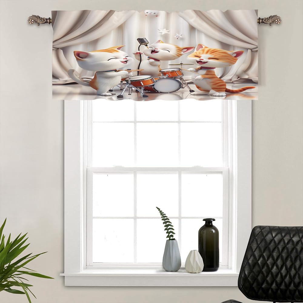 TOWINSFB Cute Cartoon Cat Rock Band Window Valances, Rod Pocket Playful Kitten Playing Drum Window Treatment Short Curtains for Kitchen/Bathroom/Living Room, 54
