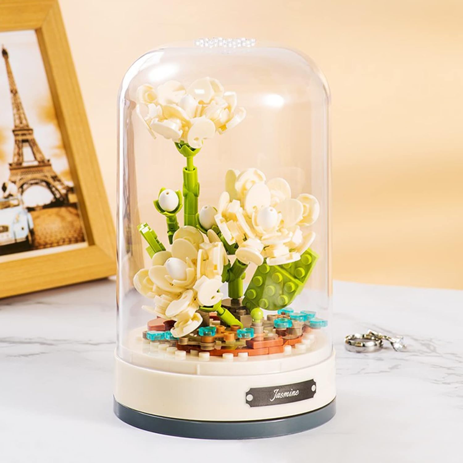 MEIEST Building Blocks Flowers Bouquet Set with Music Box and Dust-Proof Dome,Simulation Artificial Particle Flower Collection Construction Building Bricks Toy,Home Decor (White Jasmine)