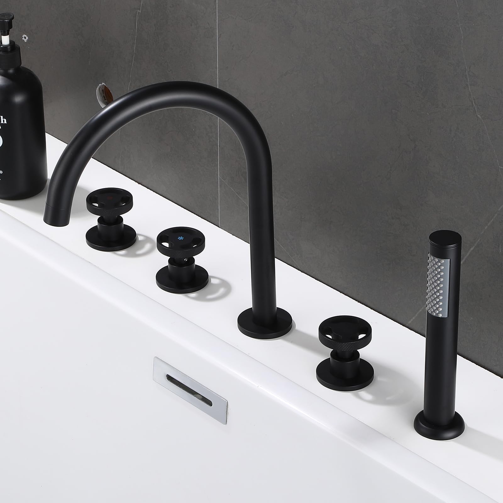 MYUYEE 5 Hole Bath Taps Set With Shower Bath Shower Mixer Tap Chrome 360 Swivel Spout Gooseneck Tap (Black)