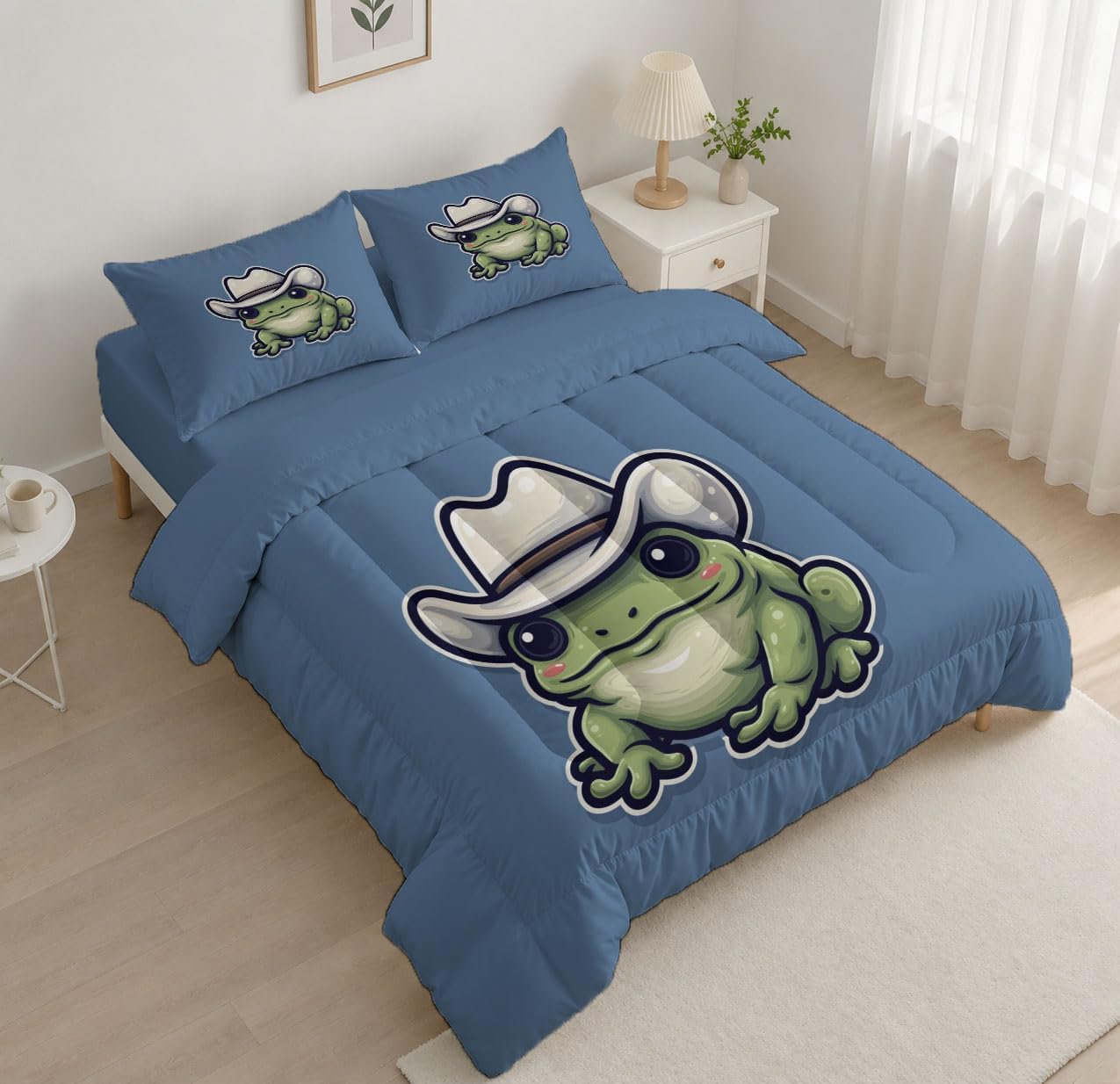 Simple Cartoon Comforter Set King Size, Cute Frog Bedding Set for Girls Boys, Green Quilt Bed 104"X90" Bedding Comforter Sets with 2 Pillowcase Room Decor