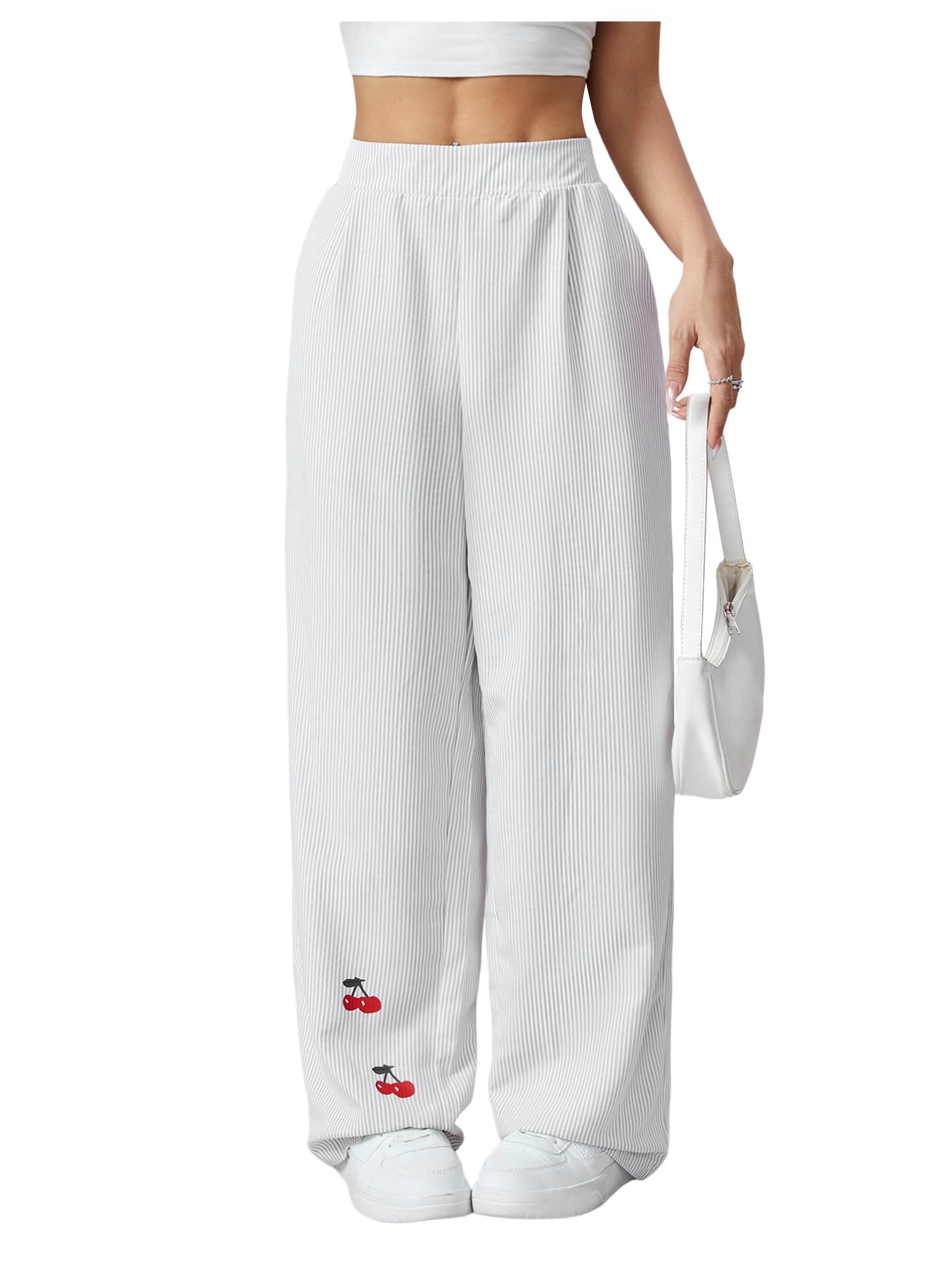 MakeMeChic Womens Fall Casual Striped Cherry Pants Elastic Waist Wide Leg Trousers with Pockets