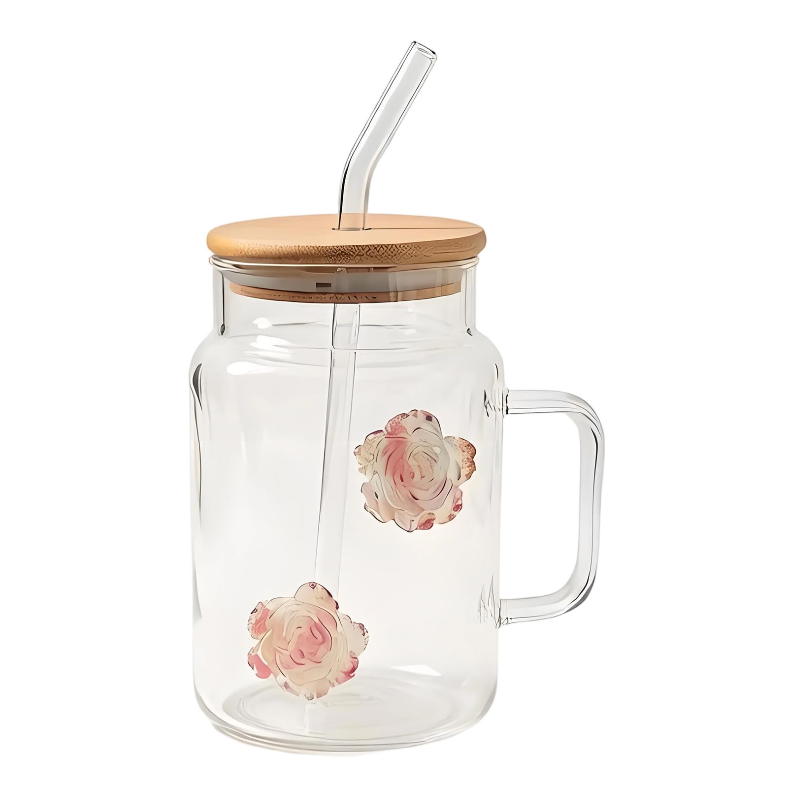 Hsyzygian 550Ml Square Glass Tumblers with Wooden Lid and Straw Handle Clear Drinking Mug for Juices Coffee Tea Home Offices Use Beverage Container