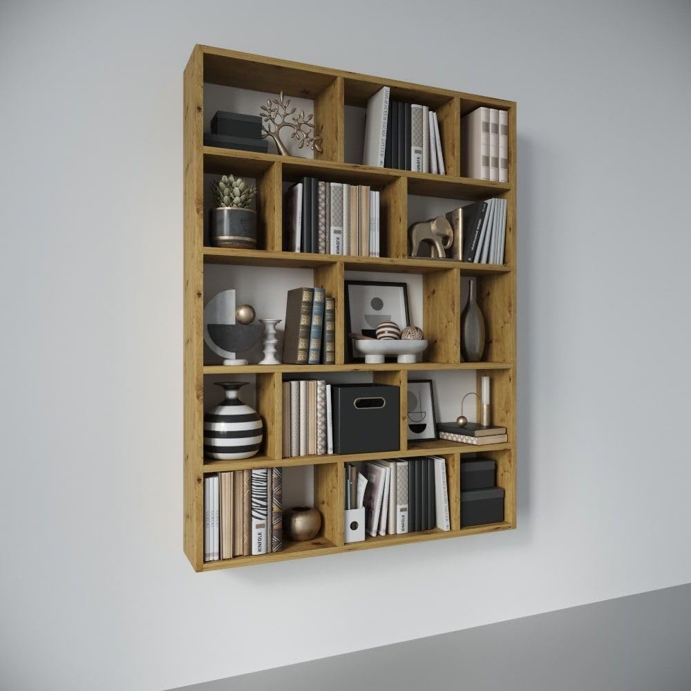Bücherregal Groß Wandregal mit 15 Fächern 141x105x18 Hängeregal Mordern Deko Schweberegal für Wohnzimmer Schlafzimmer Büro (Artisan)