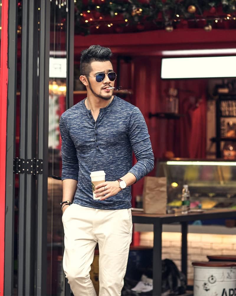 WZIKAI Mens Henley Shirts,Mens Casual Slim Fit Basic Henley Long/Short Sleeve Fashion T-Shirt X-Large A1 Navy