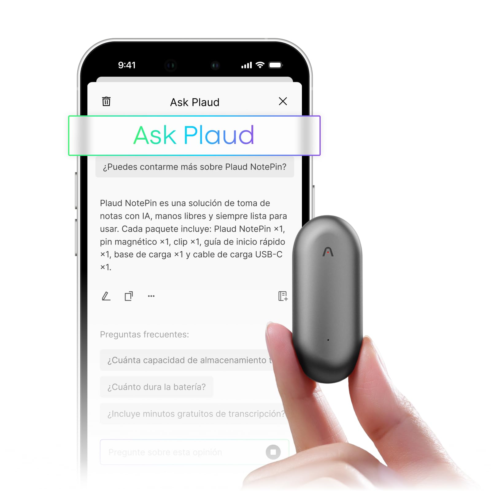 Plaud NotePin Grabadora de Voz con IA, Control por App para Tomar Notas, transcripción y Resumen con IA, soporta 112 Idiomas, 64 GB, para conferencias, reuniones, Teams, Gris Cósmico