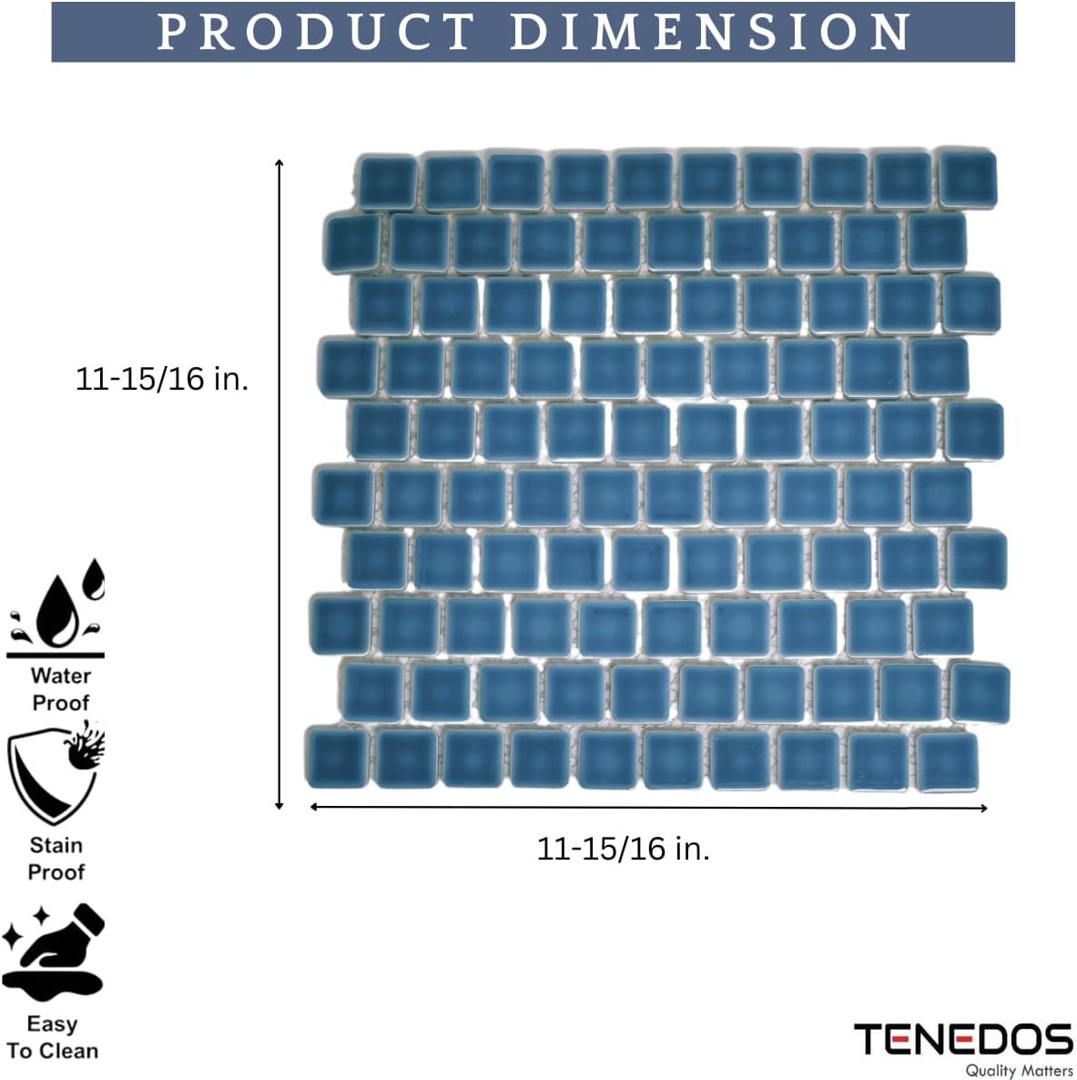 Tenedos TPLD-NVYBL-1X1 Queen Blue Brick 1 1/8 inch Square Glossy Porcelain Floor Wall Pool Tile Backsplash for Kitchen, Bathroom Shower Accent Decor (10)