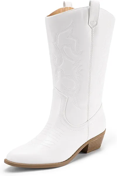DREAM PAIRS Women's Cowboy Boots Pull On Cowgirl Boots Mid Calf Western Boots, Available in Regular and Wide Calf,Size 8,White,SDMB2218W