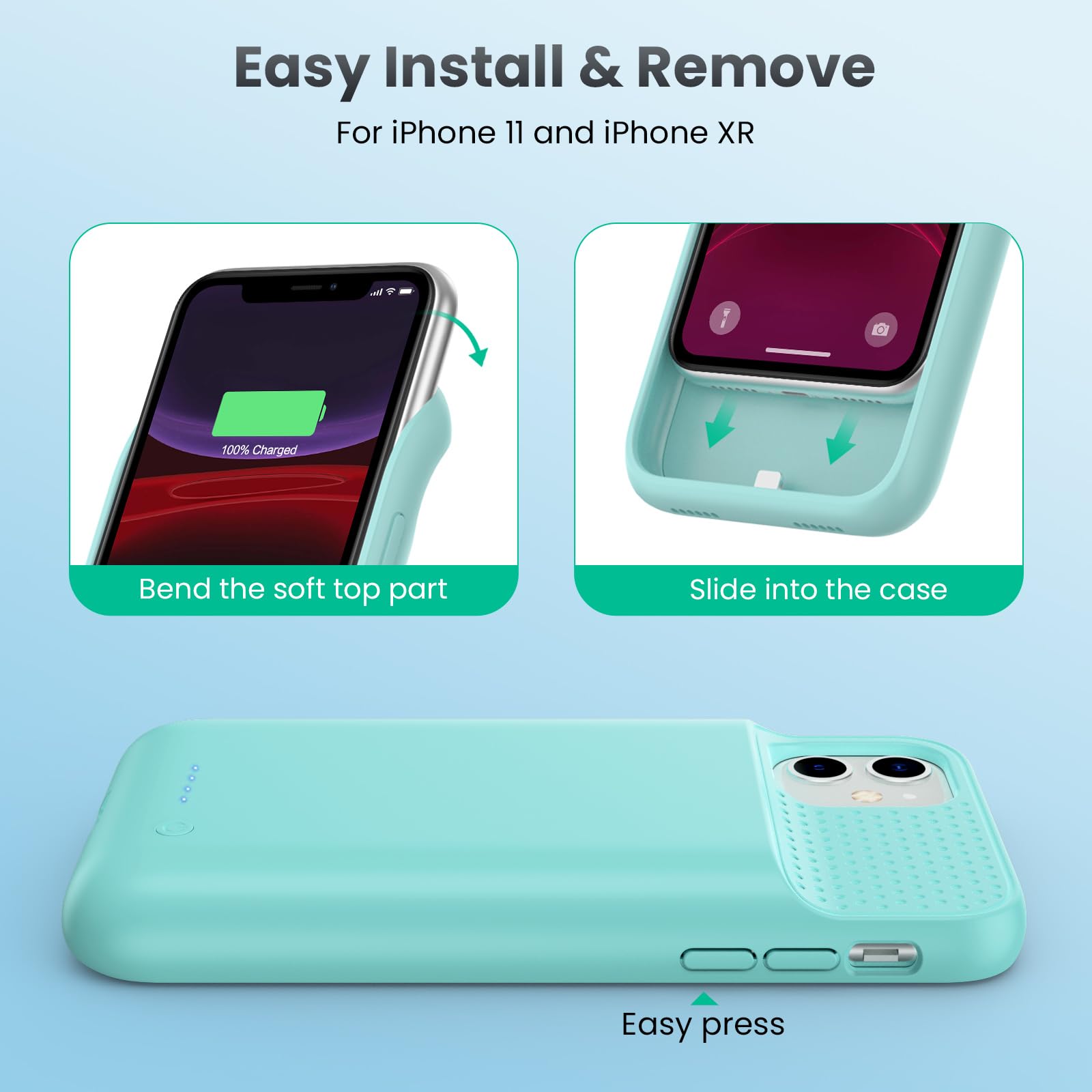 Feob Akkuhülle für iPhone 11/ XR (6,1"), 7500mAh 15W Powerbank Hülle Zusatzakku Akku Case Akku Ladehülle Handyhülle Akku Battery Case Akku Hülle für iPhone 11/ XR (6,1") Charger Case-Grün