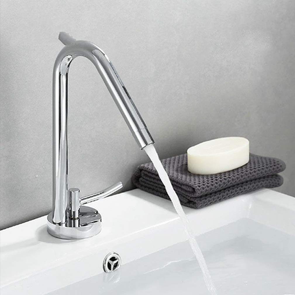 Grifo cromado para lavabo de baño, estilo corto o alto, diseño artístico, mezclador frío y caliente, grifo de grúa, montaje en cubierta, rotación de 360 grados, grifos de lavabo con aireador