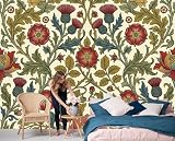 Carta Da Parati Panoramica Fiori Di Cardo Simmetrici Vintage 200X140Cm, Beige Verde Oliva Murales In Seta - Fotomurale William Morris Poster Decor Da Parete Per Soggiorno Ufficio Corridoio Muro Sfondo