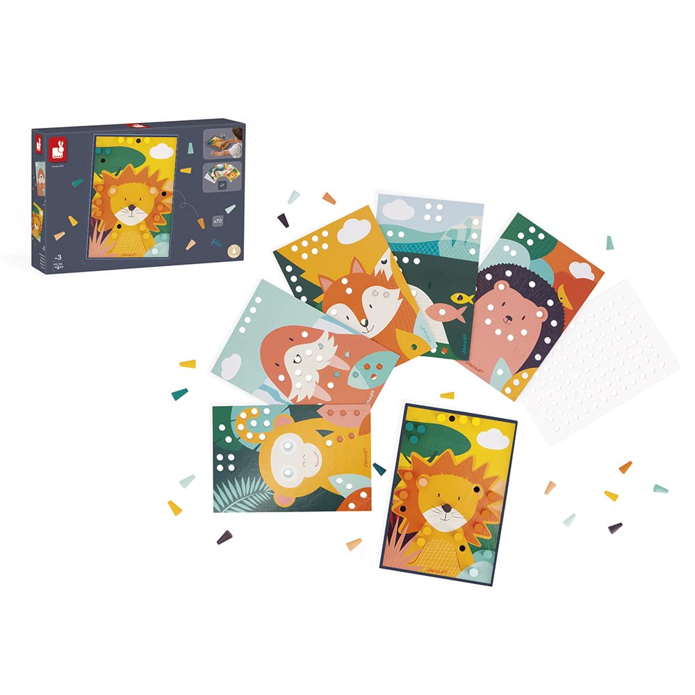 Janod - Mes Premières Mosaïques en Bois - Jouet d'Eveil - 7 Cartes Perforées et 70 Pions en Bois - Apprentissage des Couleurs et Motricité - Peinture à l'eau - Dès 3 Ans, J08278
