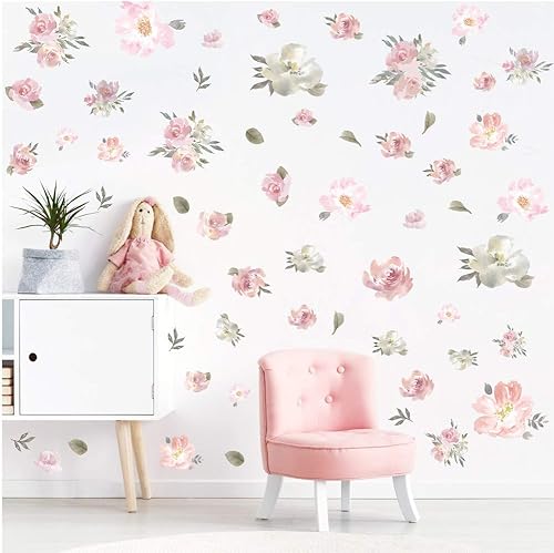 TOARTi Vinilo adhesivo de pared de flores rosas acuarela, peonía floreciente, calcomanía de pared floral para dormitorio de niñas, decoración de