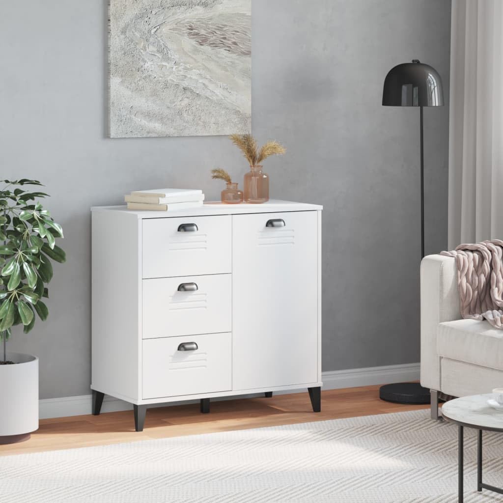 Kredens VIKEN biały, 80 x 40 x 80 cm, materiał drewnopochodny z 3 szufladami i praktycznymi uchwytami do salonu, przedpokoju i jadalni, stabilna konstrukcja, wszechstronne miejsce do