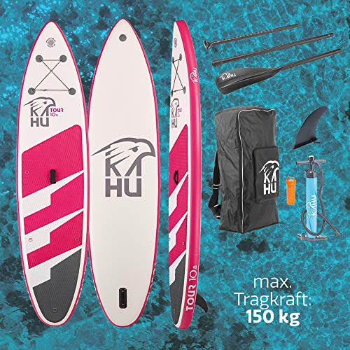 KAHU® Tour 10’8’’ Stand up Paddling Board – aufblasbares iSUP Board komplett Set inkl. Alu-Paddel und Pumpe – Touringboard für Anfänger – 335x78x15cm – 150kg Traglast – Kajak Sitz als Zubehör – Pink