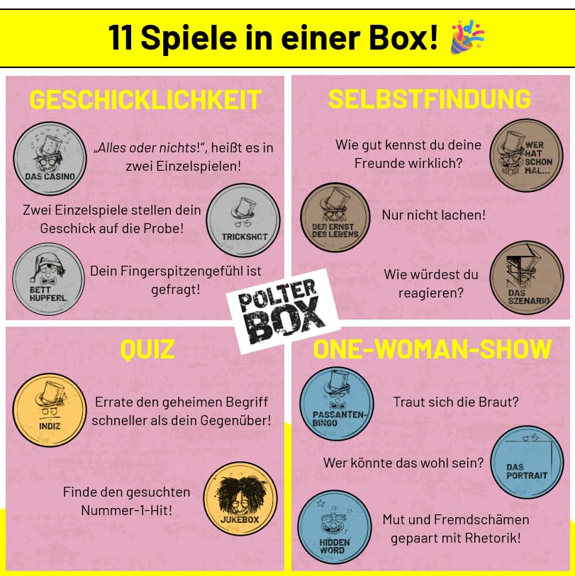 JGA PolterBox Deluxe – Komplettset mit 11 Partyspielen für Junggesellinnenabschied, 4–20 Spielerinnen – All-in-One JGA Partybox für Polterabend, Aufgaben & Gruppen-Challenges (Girls Edition)